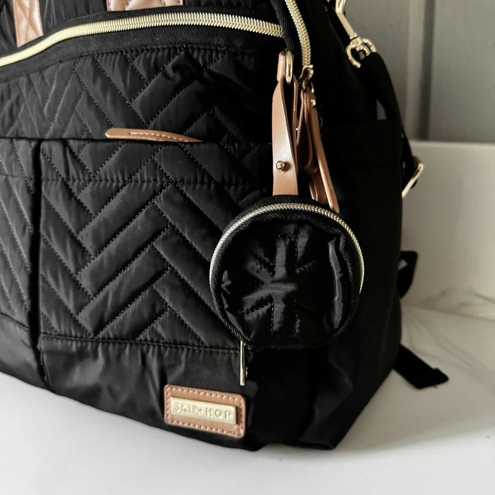 Skip Hop Suite Diaper Bag Backpack Set 6 in 1 Black Tan Gold Hardware Quilted